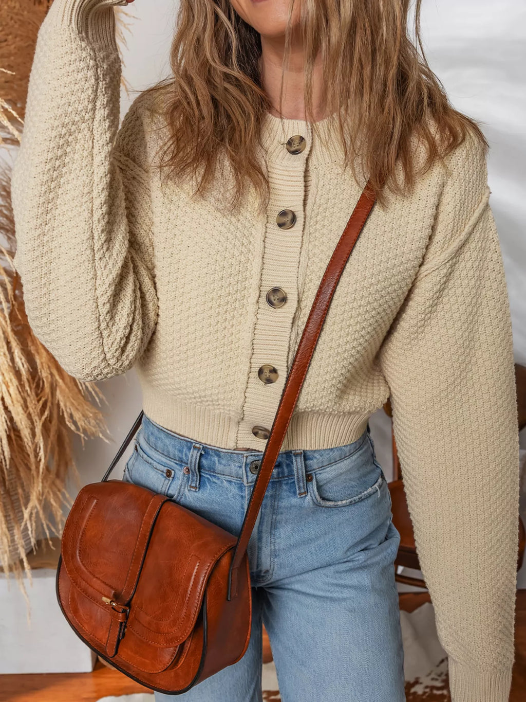 Womens Cardigan Beige Knit Button Front Cropped Long Sleeve 5cf28a0152134692843874997e1a4801-Max-Origin Trendsi