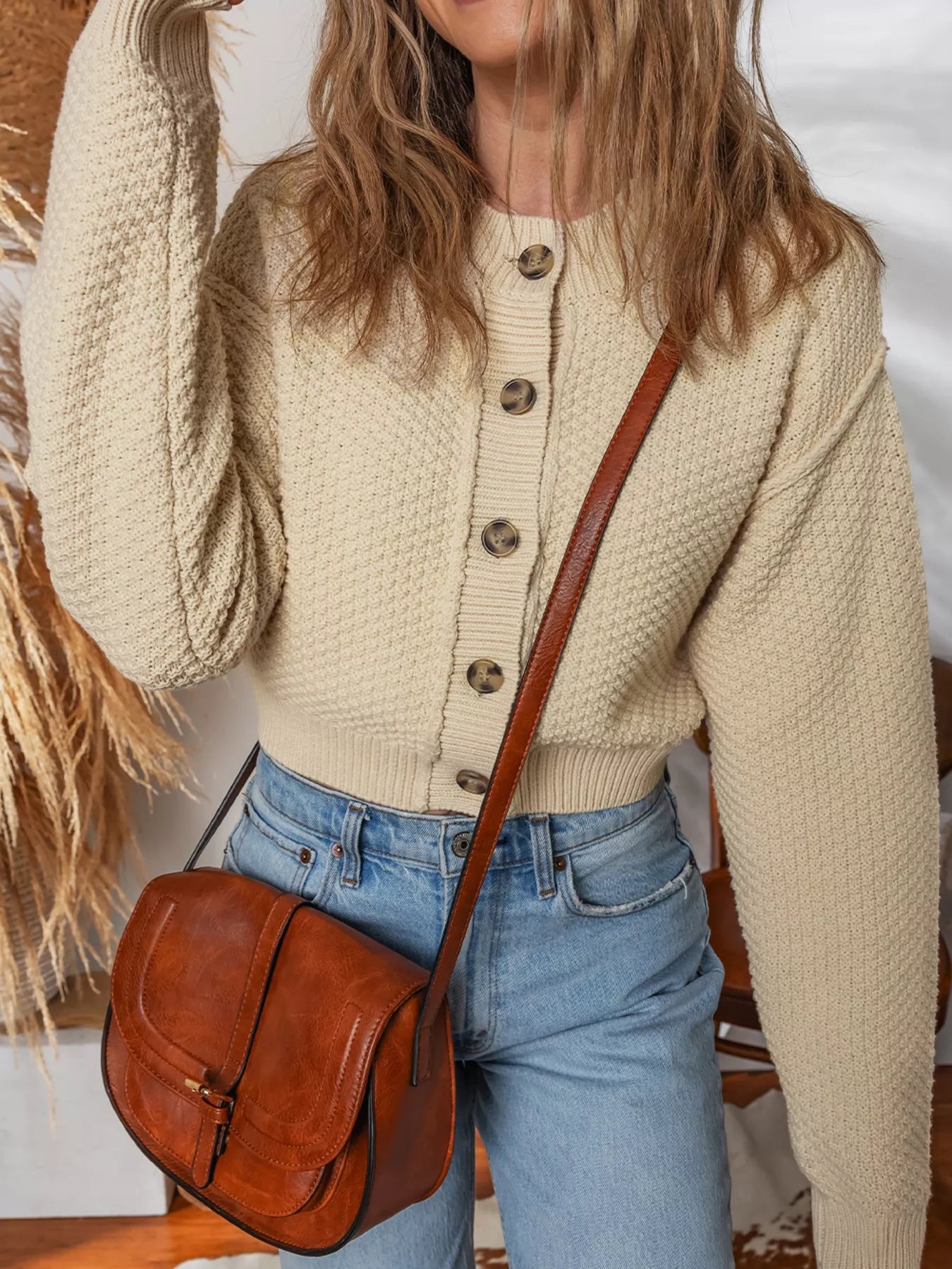 Womens Cardigan Beige Knit Button Front Cropped Long Sleeve 5cf28a0152134692843874997e1a4801-Max-Origin Trendsi