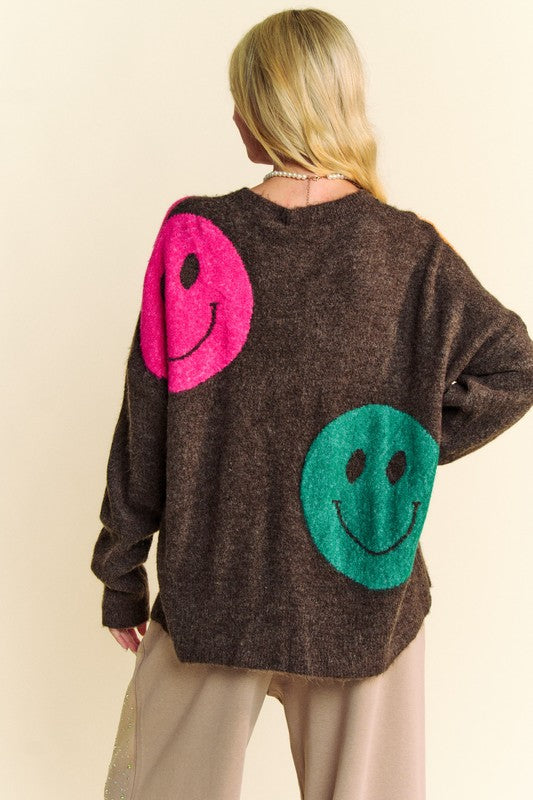 Davi & Dani Dark Brown Sweater Colorful Smile Round Neck Oversize Pullover