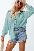 Waffle-Knit Women Shirt Collared Neck Long Sleeve Pocketed Single Breasted 5cf66277-b9f0-4012-bda2-93c9a375f568-Max Trendsi