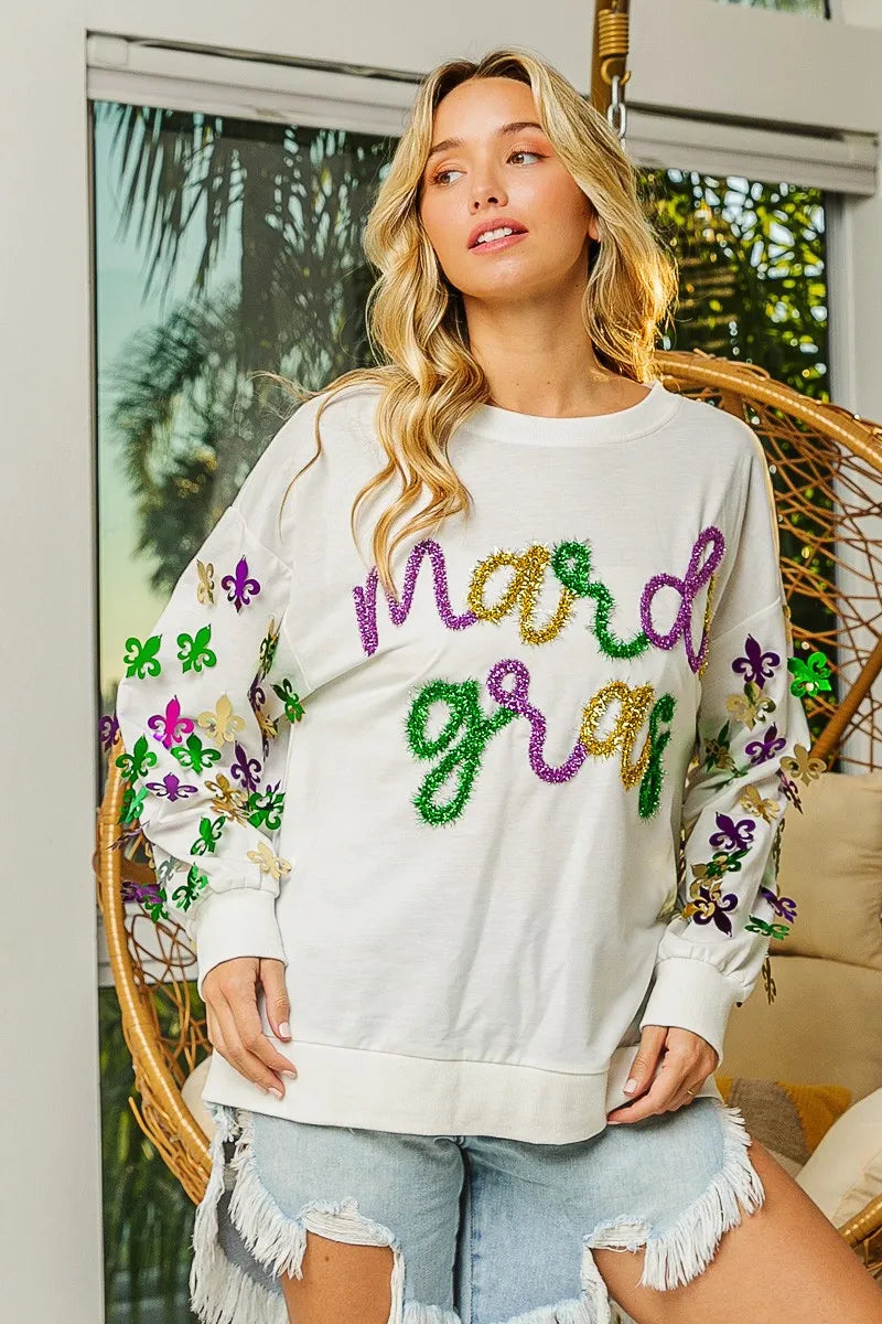 BiBi Womens Pullover Off White Fleur De Lis Sleeve Mardi Gras 5cf73a3281a640c58f6f4960cf10642e-Max-Origin Trendsi