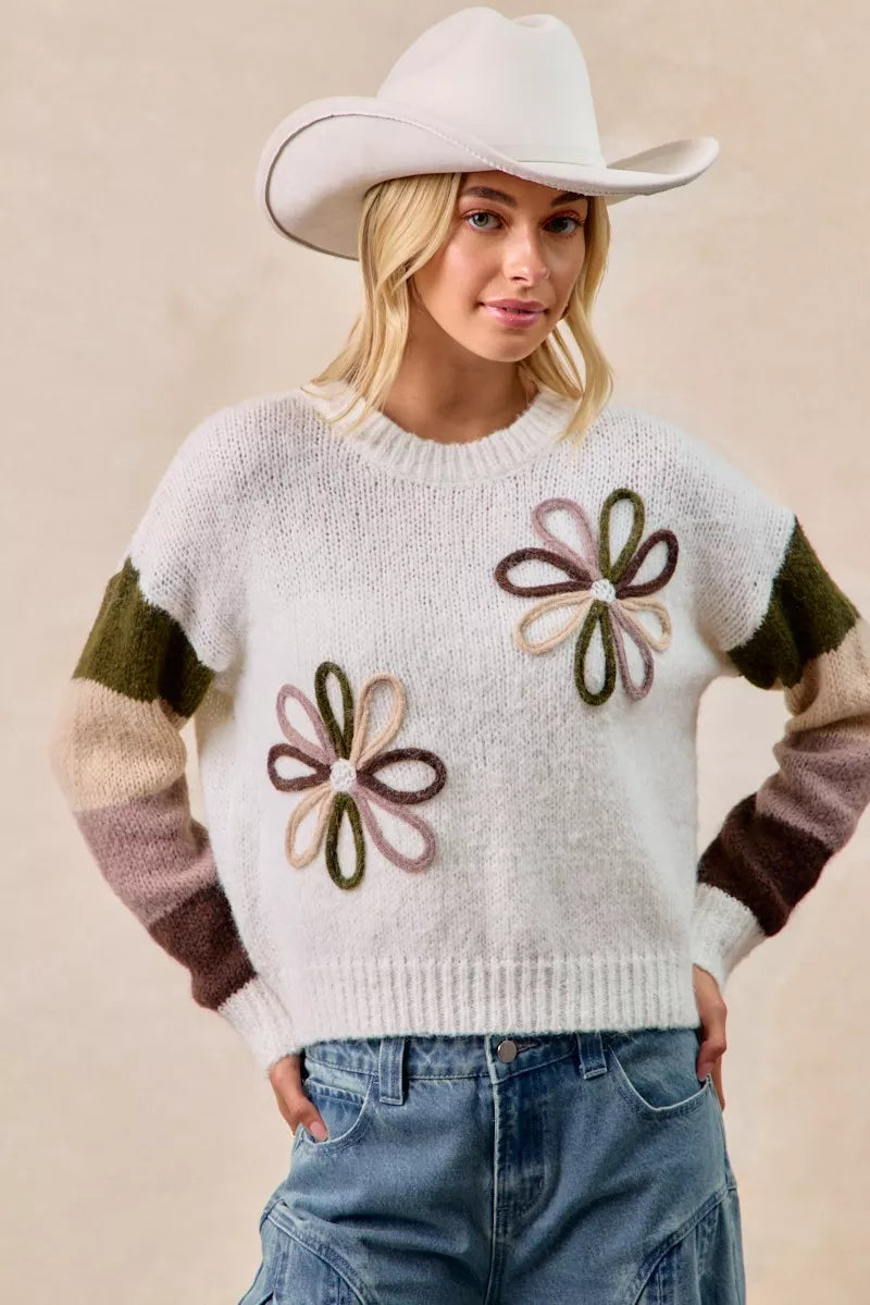 BiBi Flower Women's Sweater Color Block Ivory Brown Knit Pullover 5cfab9bdec1346f79c1f9d0b08f86bba-Max-Origin Trendsi