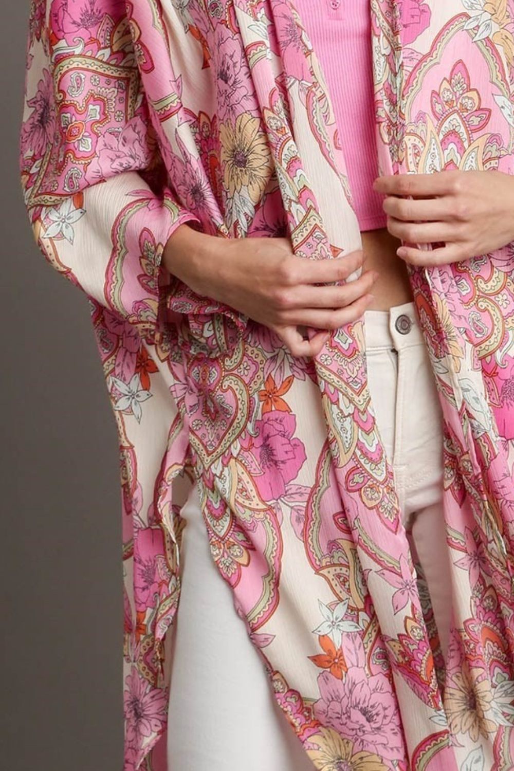 Umgee Kimono Floral Pink Mixed Print Open Front with Ruffle Sleeves 5d069591-3288-4a52-8424-0cd16ccee494-Max Trendsi