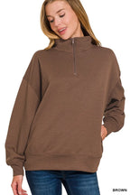 Zenana Womens Sweatshirt Brown Scuba Quarter-Zip Collared Casual Top 5d098a10316d40e1882cdf80585365df-Max-Origin Trendsi