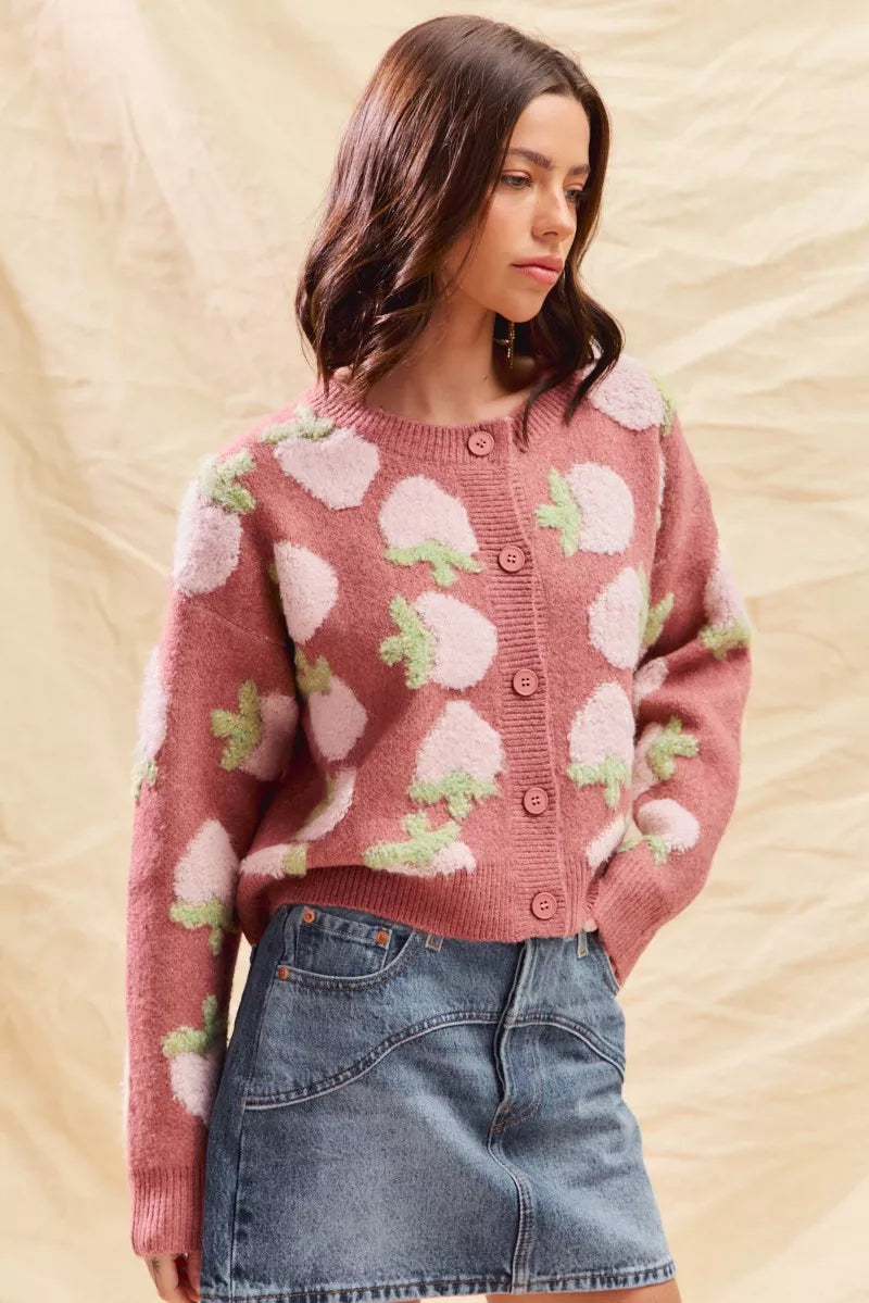 SO ME Womens Cardigan Strawberry Fruit All Over Button Sweater 5d0f6a22bad04c36bda2d51f1bc87191-Max-Origin Trendsi