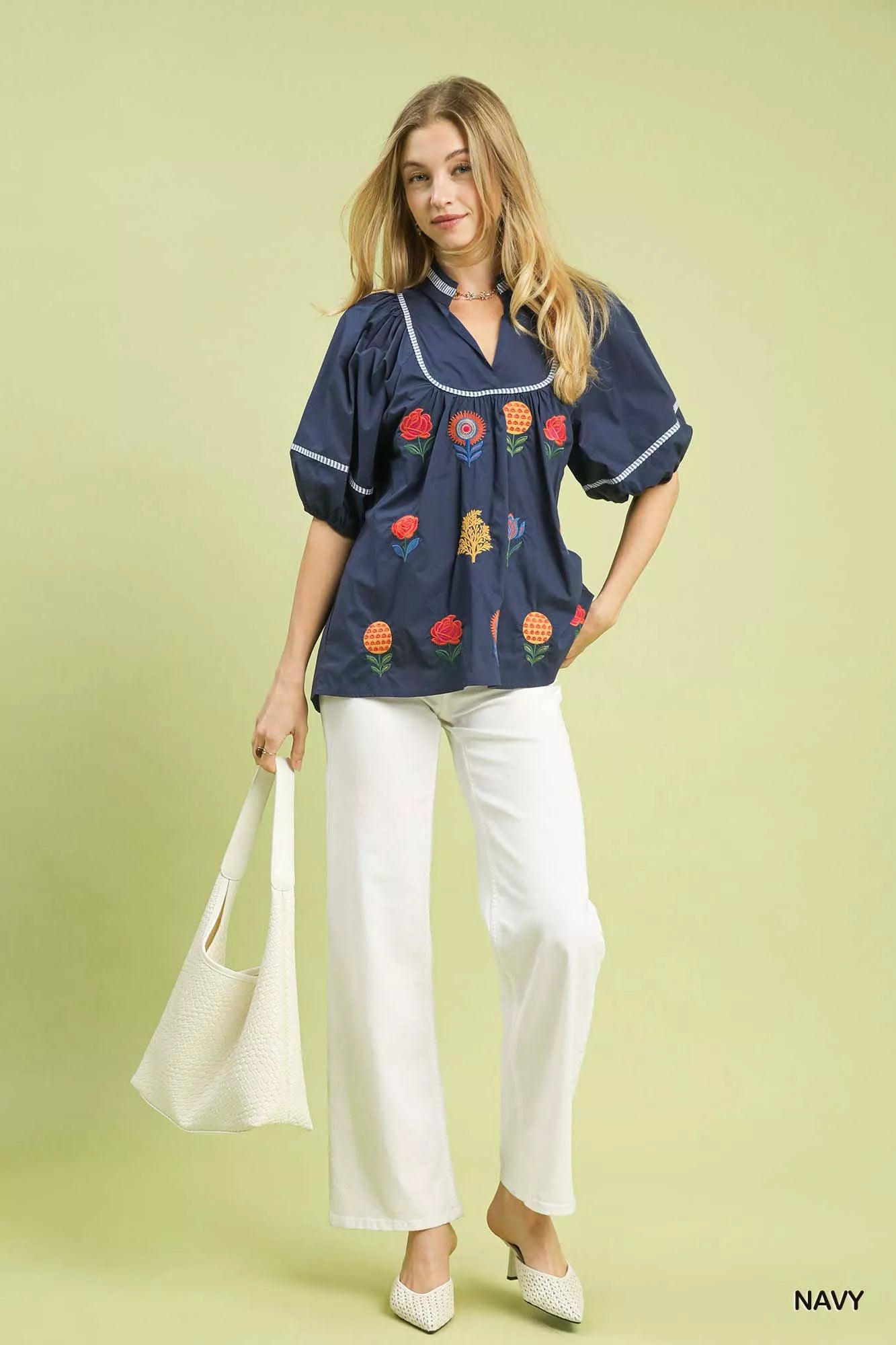 Umgee Womens Blouse Navy Floral Embroidered Puff Short Sleeve Top 5d1d607f-ddda-44c1-a788-be0ae5aeb14a-Max-Origin Trendsi