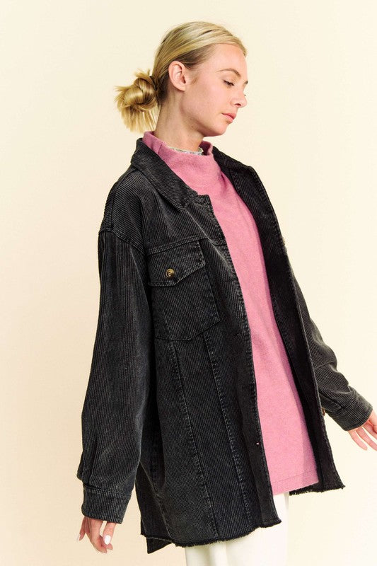 Davi & Dani Corduroy Jacket Black Washed Raw Hem Button Up Long Sleeve
