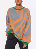 Women's Sweatshirt Striped Round Neck Long Sleeve Oversized Ribbed 5d4093fd-1f6c-4a54-b1c3-542499bb7a98-Max-Origin Trendsi