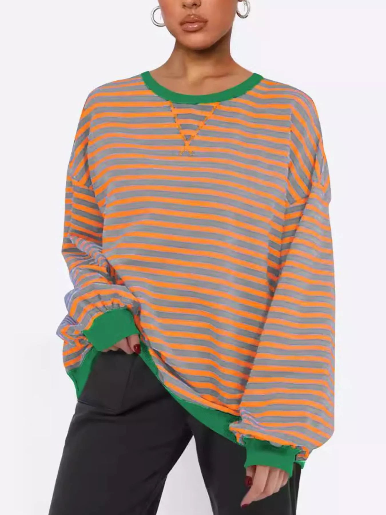 Women's Sweatshirt Striped Round Neck Long Sleeve Oversized Ribbed 5d4093fd-1f6c-4a54-b1c3-542499bb7a98-Max-Origin Trendsi