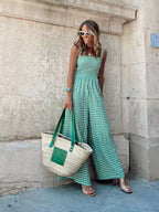 Women's Jumpsuit Gingham Plaid Smocked High Waist Wide-Leg Overall Green 5d458afc5b0d43d69b9e57019b786947-Max-Origin Trendsi