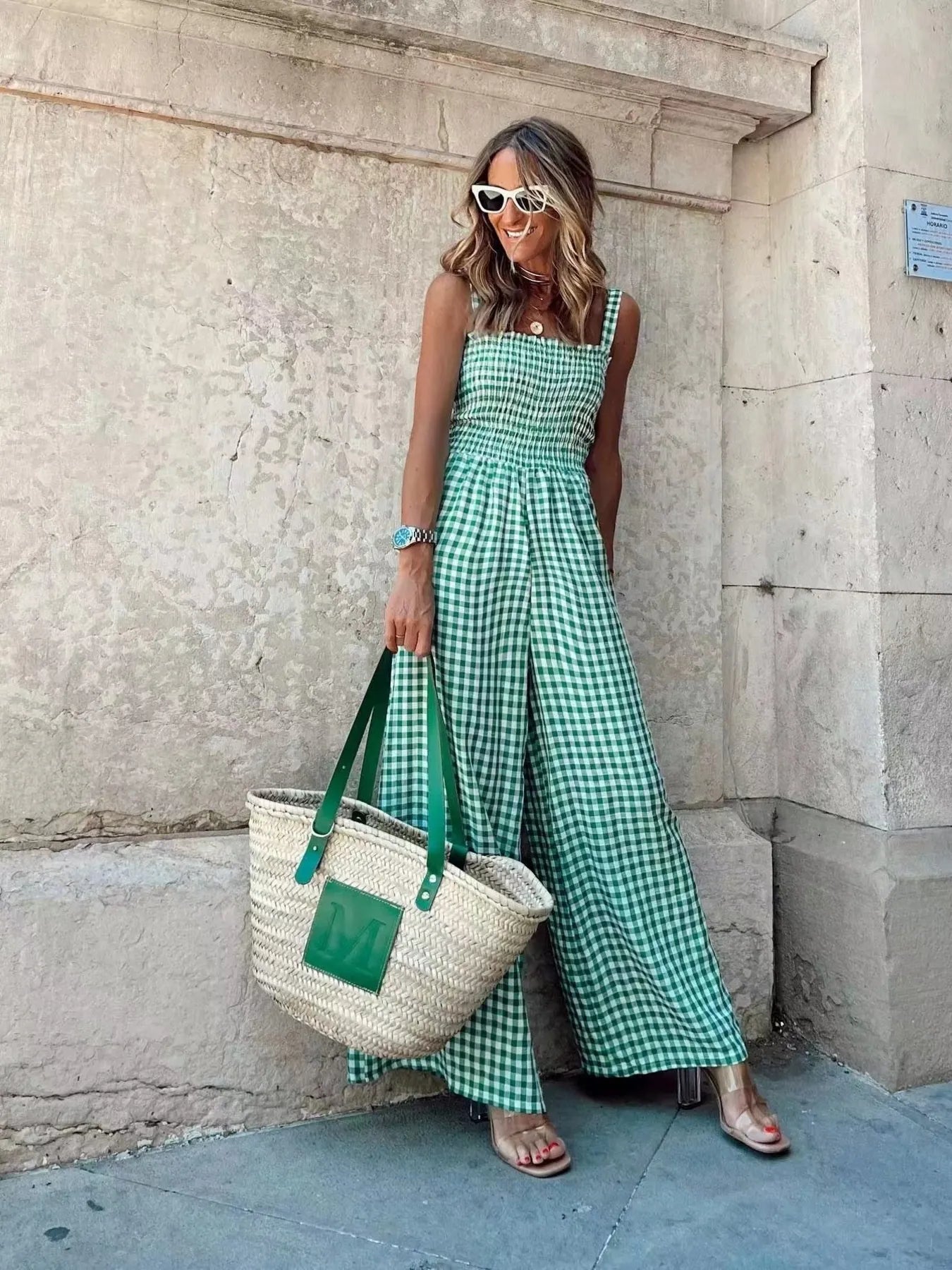 Women's Jumpsuit Gingham Plaid Smocked High Waist Wide-Leg Overall Green 5d458afc5b0d43d69b9e57019b786947-Max-Origin Trendsi