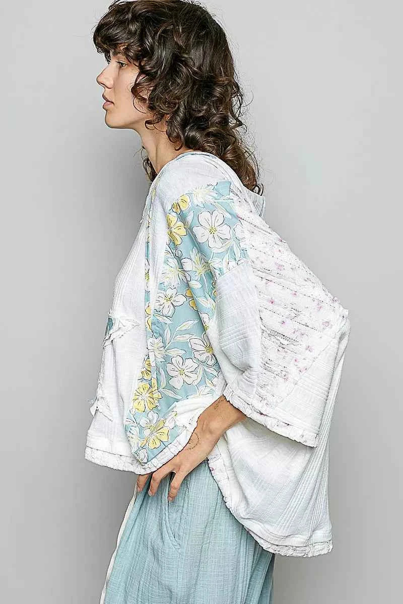 POL Floral Star Patch Hooded Blouse with Lace Contrast Detail