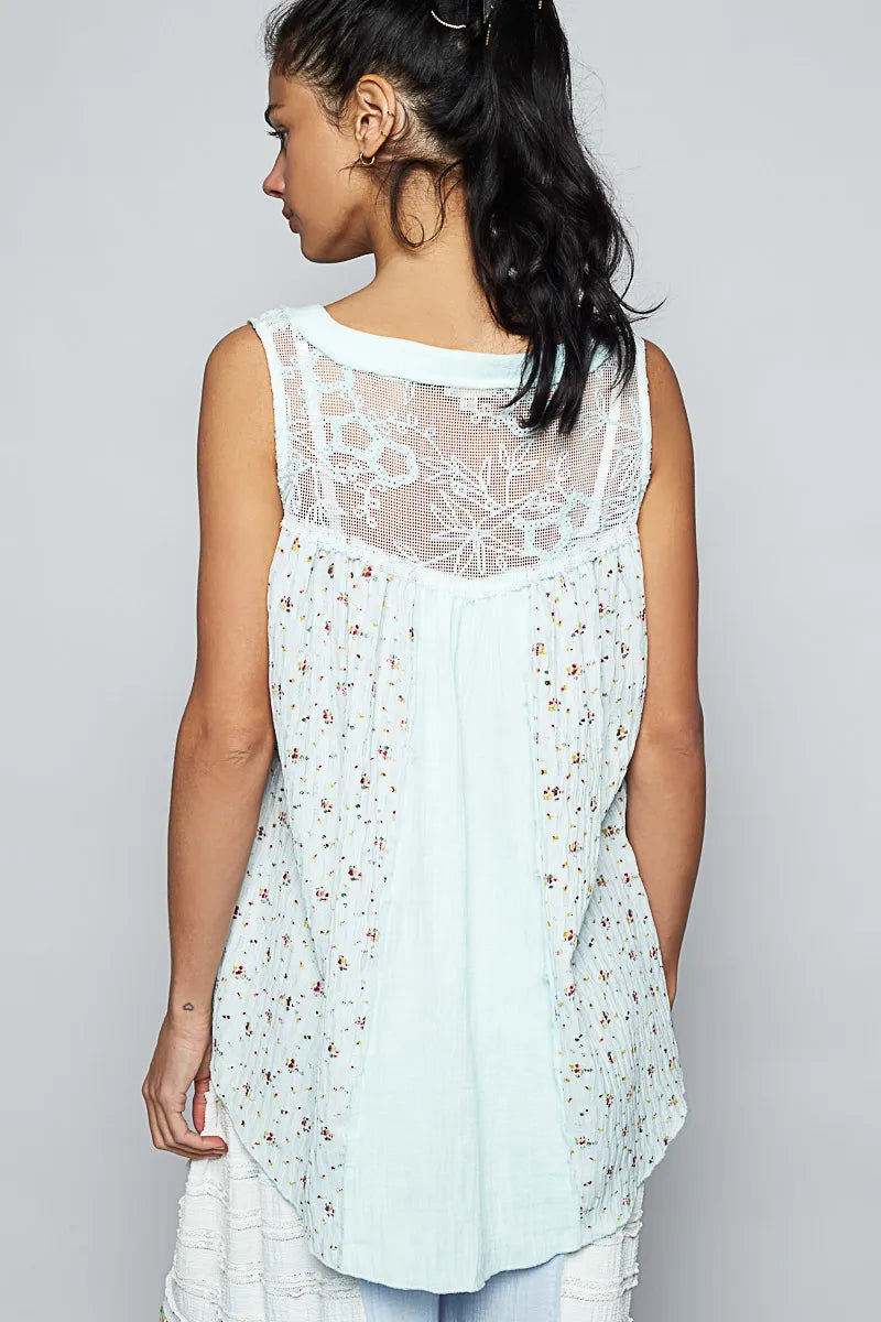 POL Floral Tank Top Mint Blue Print Button-Front Lace Mesh Patchwork
