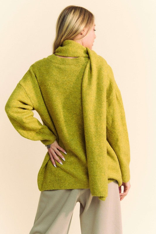 Davi & Dani Chartreuse Sweater with Scarf V-Neck Dropped Shoulder 5d4fea2d-e2e6-414c-8793-3d544d1f1a8d-Max Trendsi