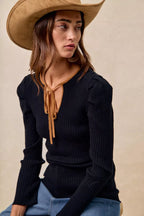 BiBi Womens Knit Top Black Ribbed Camel Contrast Front Tied Top with Shrried 5d52c0537a7b499e9b95f172236dbec5-Max-Origin Trendsi