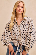 BiBi Womens Crop Shirt Polka Dot Print Tie Hem Detail Long Sleeve Top 5d58c4bdd47b4bb9afe37e57ab51f294-Max-Origin Trendsi