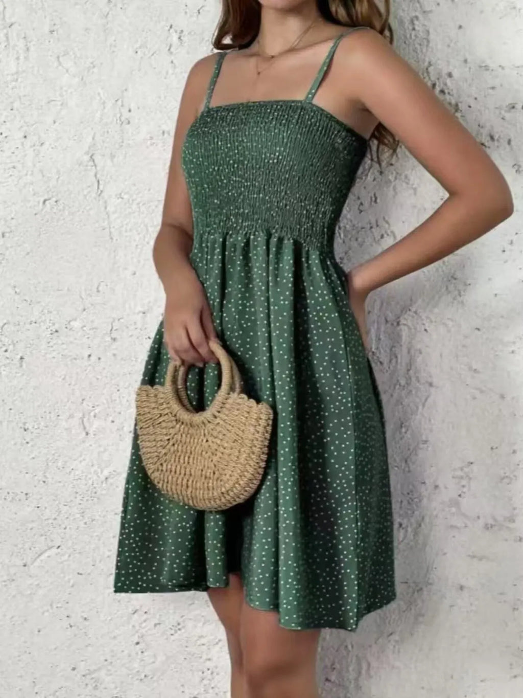 Mini Cami Dress Swiss Dot Smocked Square Neck with Thin Straps 5d5bbc5169b6401fb1d4590e8ad5387c-Max-Origin Trendsi