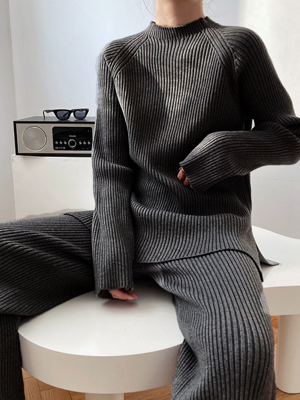 Women Sweater Set Mock Neck Raglan Sleeve Top and Pants 2 Pcs Set Black One Size 5d67d612-cf66-4176-9243-8a6fe05e6a10-Max Trendsi