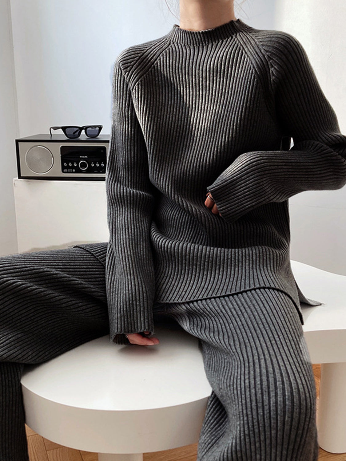 Women Sweater Set Mock Neck Raglan Sleeve Top and Pants 2 Pcs Set Black One Size 5d67d612-cf66-4176-9243-8a6fe05e6a10-Max Trendsi