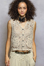 POL Button-Down Cropped Crochet Vest with Scalloped Edge
