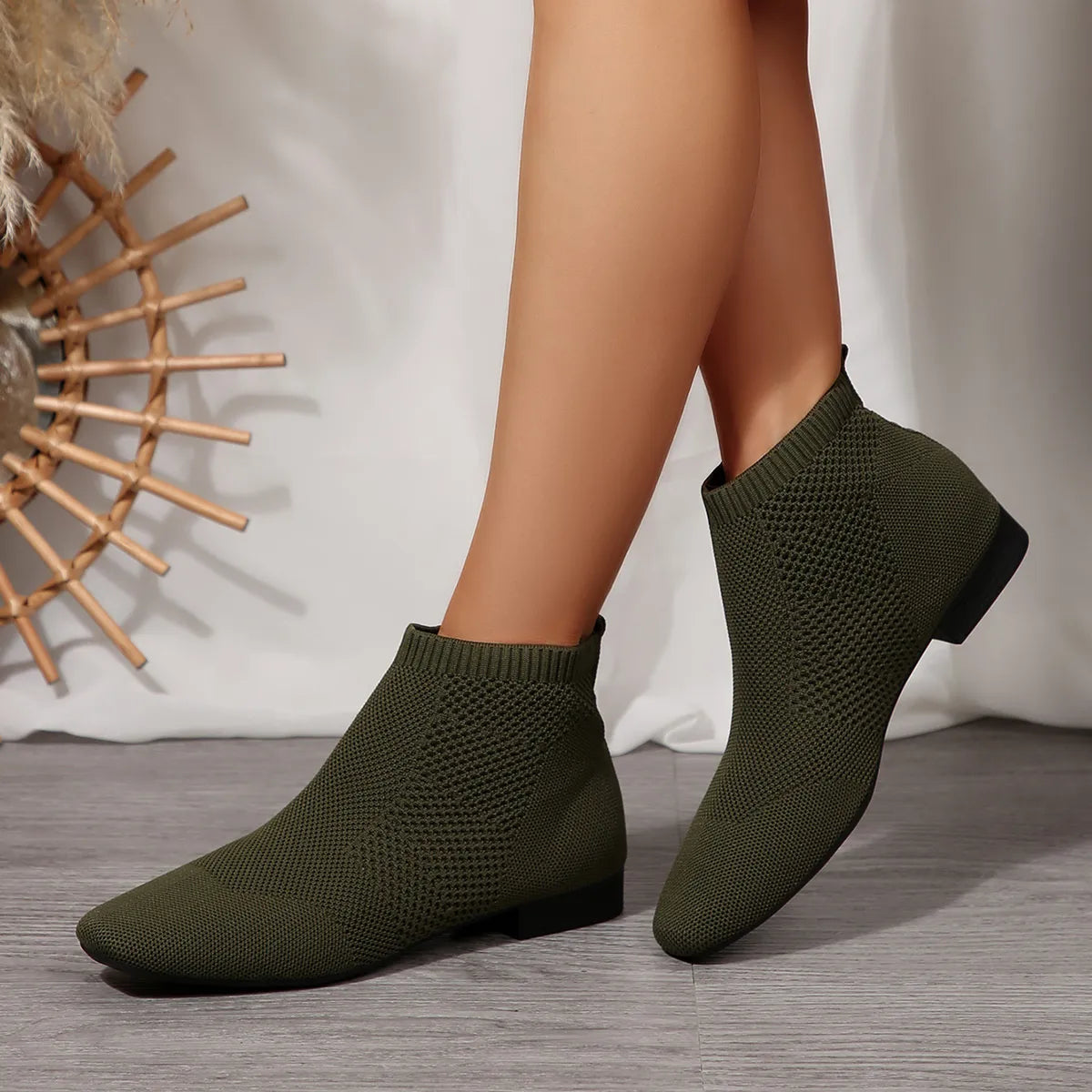 Women's Ankle Boots Mesh Knit Stretch Comfort Fit Mid Heels Military Green 5d7204b542fe4ecabb61e9a1a284981e-Max-Origin Trendsi