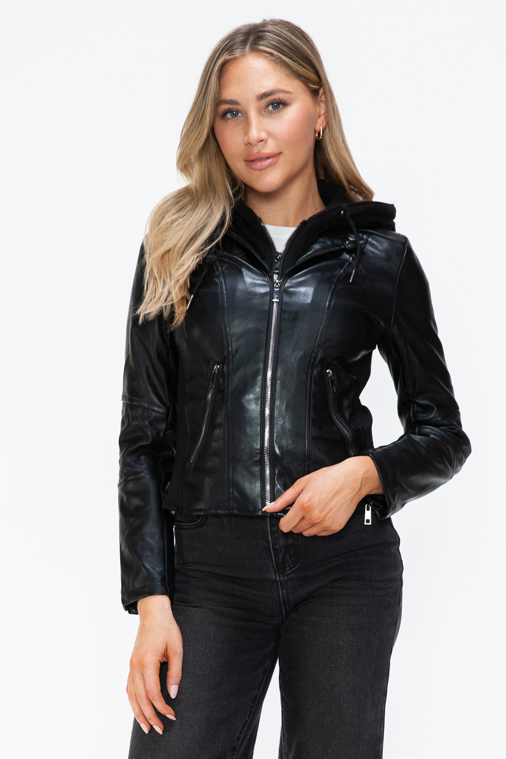 Snobbish Faux Leather Black Jacket Zip Hooded Zip Pockets Basic Style