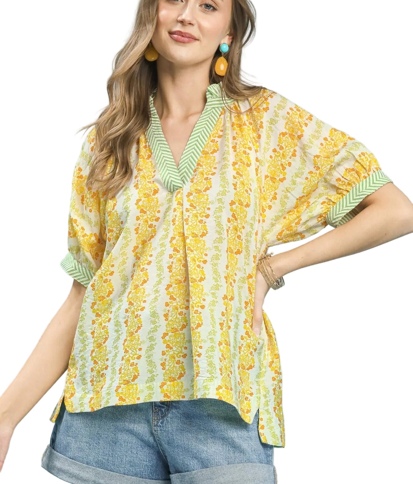 Bohemian Mixed Print Blouse with Contrast Trim