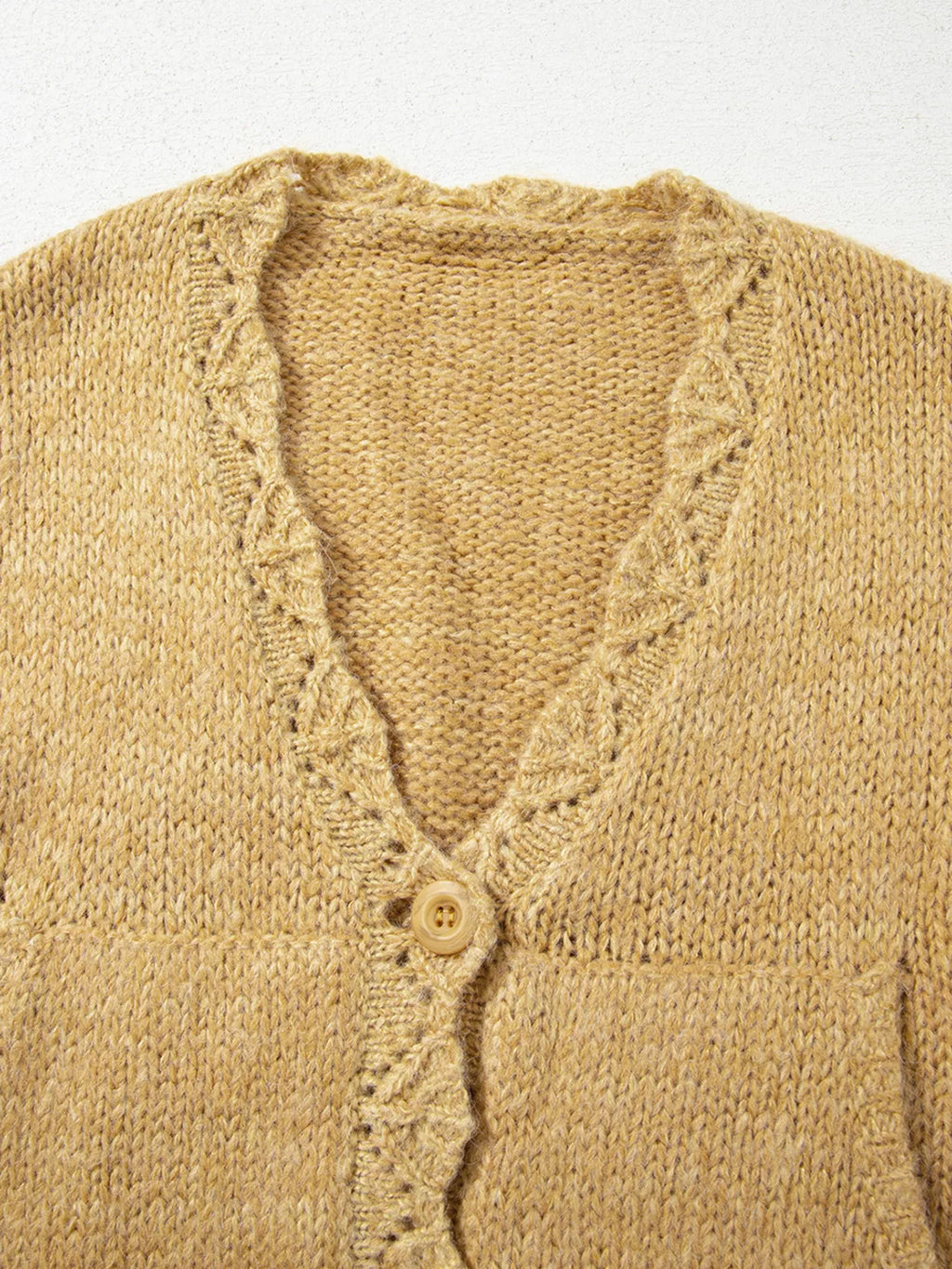 Women's Cardigan Camel Lantern Sleeve Scallop V Neck Buttoned Soft Acrylic Knit 5d945c987f4845858c945a3142191c12-Max-Origin Trendsi
