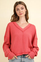 VERY J US Knit Top Coral Exposed Seam V-Neck Ribbed Coral 5da26f53-d670-41c1-b789-593f1c92c156-Max Trendsi