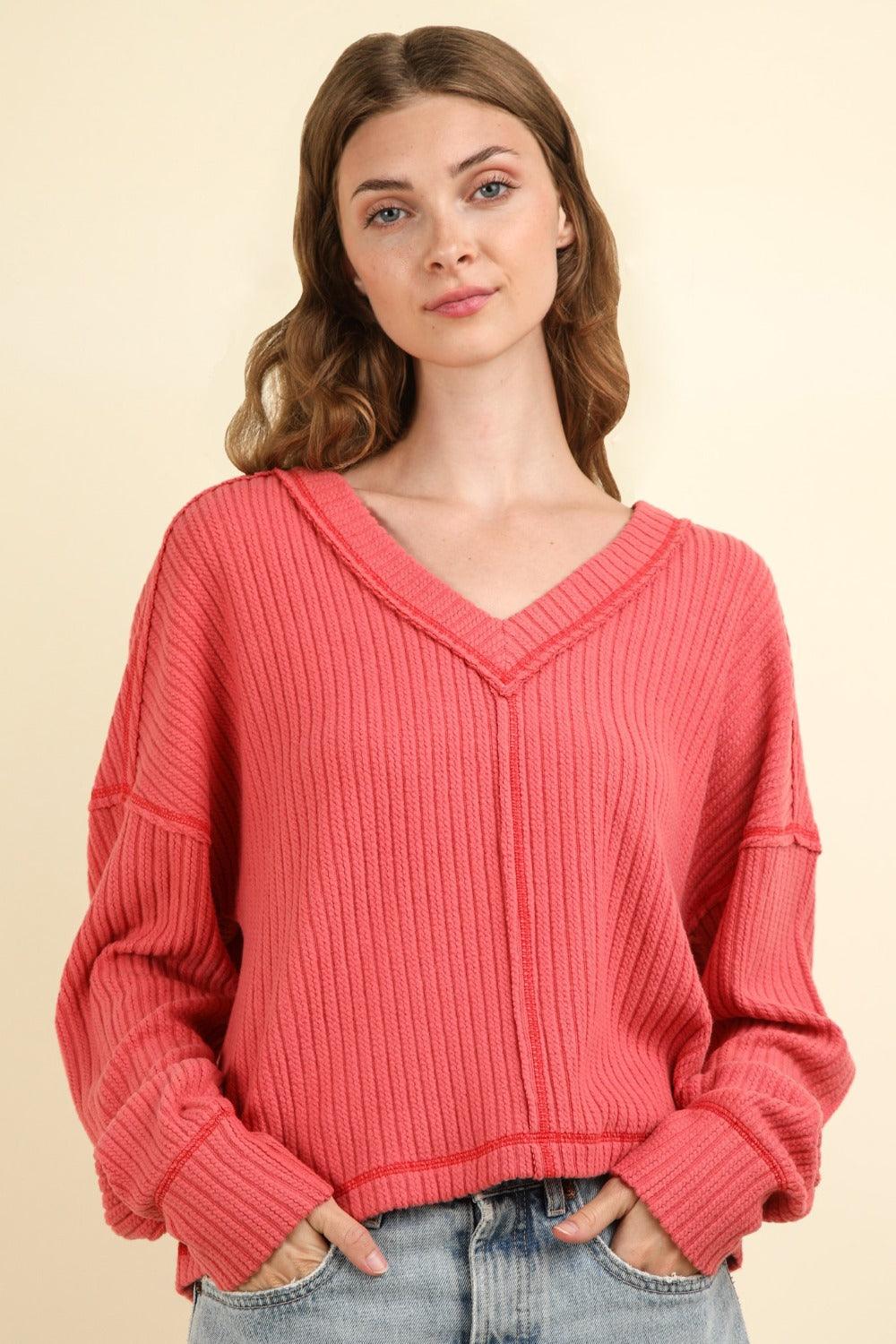 VERY J US Knit Top Coral Exposed Seam V-Neck Ribbed Coral