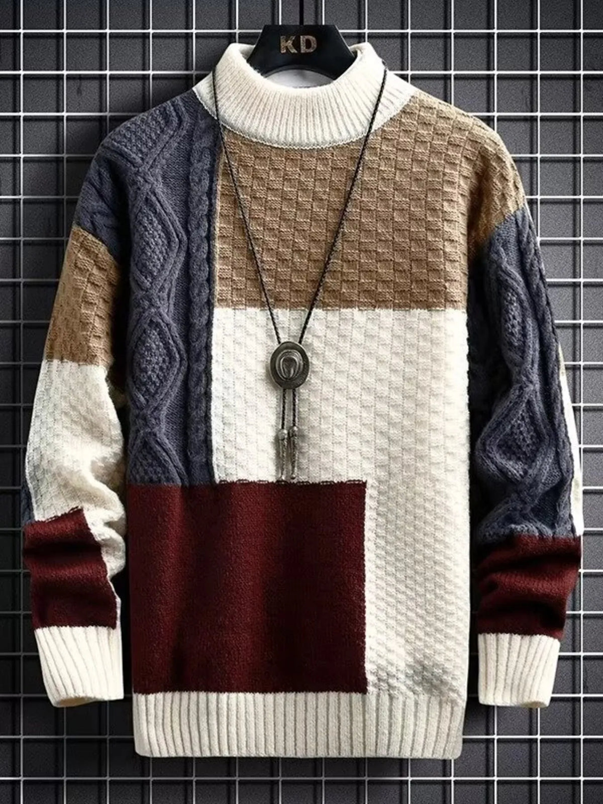 Men's Color Block Knitted Pullover Cable-Knit Ribbed Plus Sizes Sweater