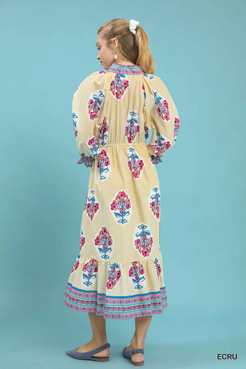 Umgee Midi Dress Flower Patch Border Print Ecru Ruffled Short Sleeve 5da5e997-4174-4c2c-a3aa-dec98d3675af-Max-Origin Trendsi