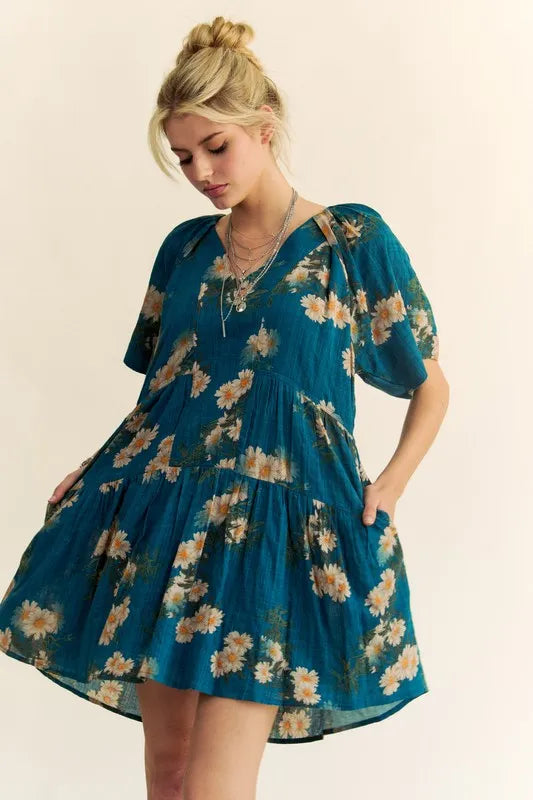 Davi & Dani Mini Dress Floral Print Teal Blue Short Bell Sleeve Pleated Pocketed 5da71a59433744e49c40d1d192f866f1-Max-Origin Trendsi