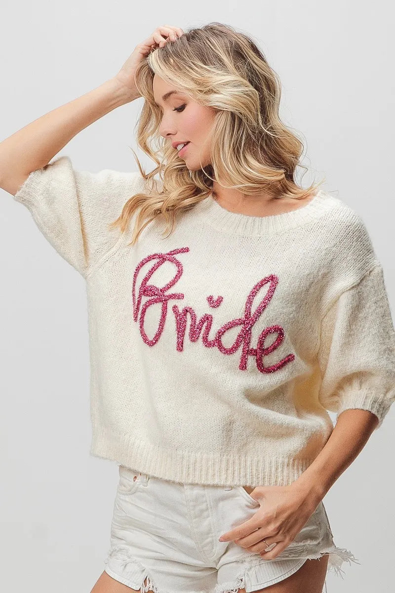 BiBi Metallic Letter Short Puff Sleeve Hairy Sweater 5da8388ca9884c73939868e152406103-Max-Origin Trendsi