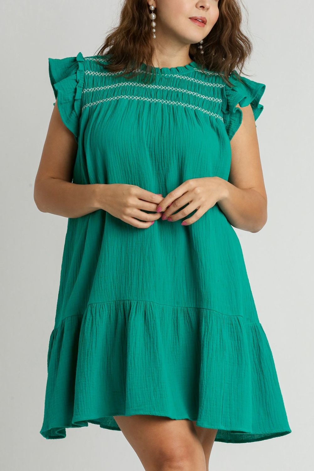 Umgee Mini Dress Ruffle Jade Green Smocked Contrast Stitching Short Sleeve 5da96346-3f4e-4e53-93bc-289723ca4707-Max Trendsi