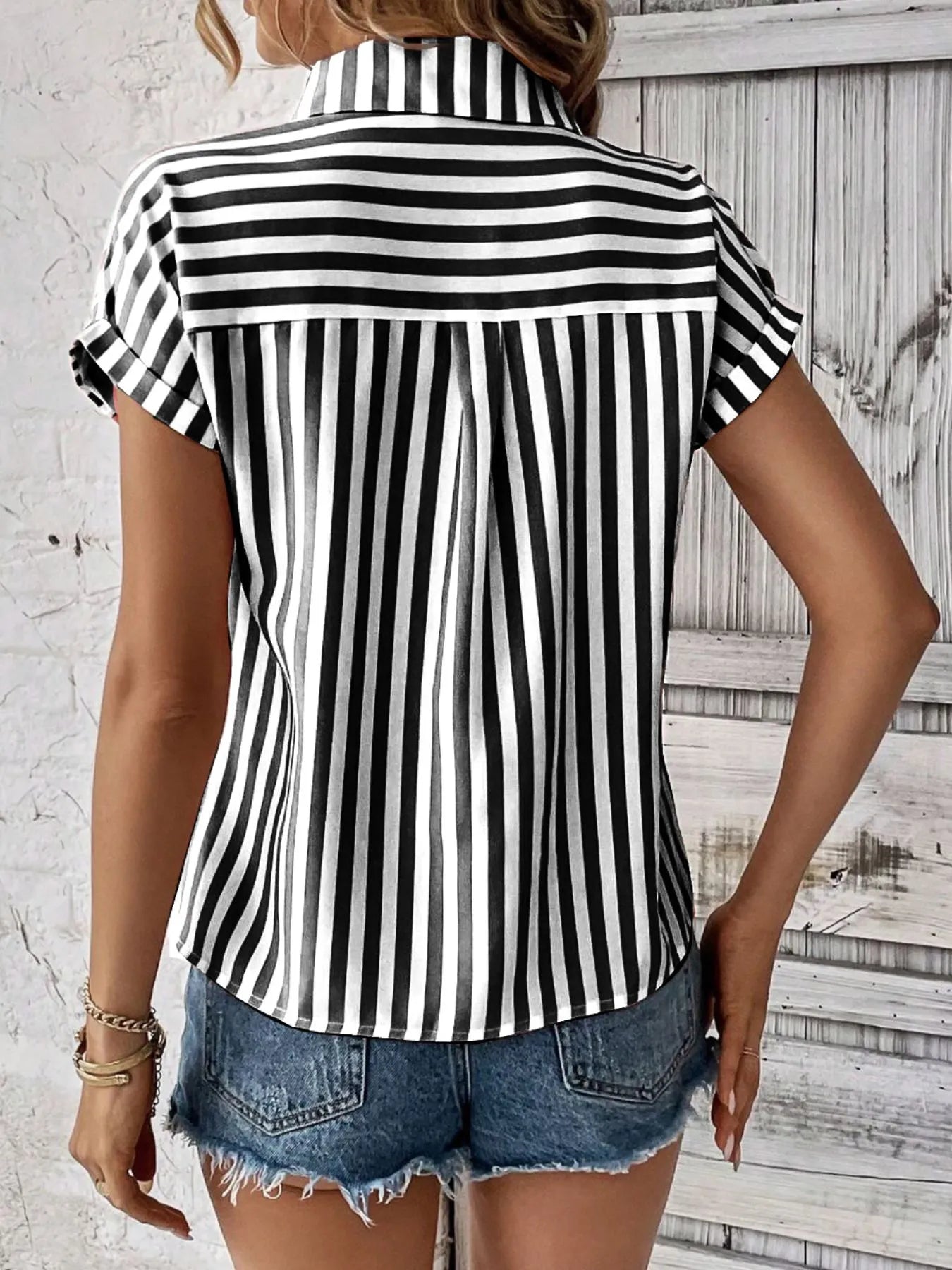 Women's Shirt Striped Short Sleeve Top with Pocket 5da97821-08e9-4032-87fb-fe7695d3526b-Max-Origin Trendsi