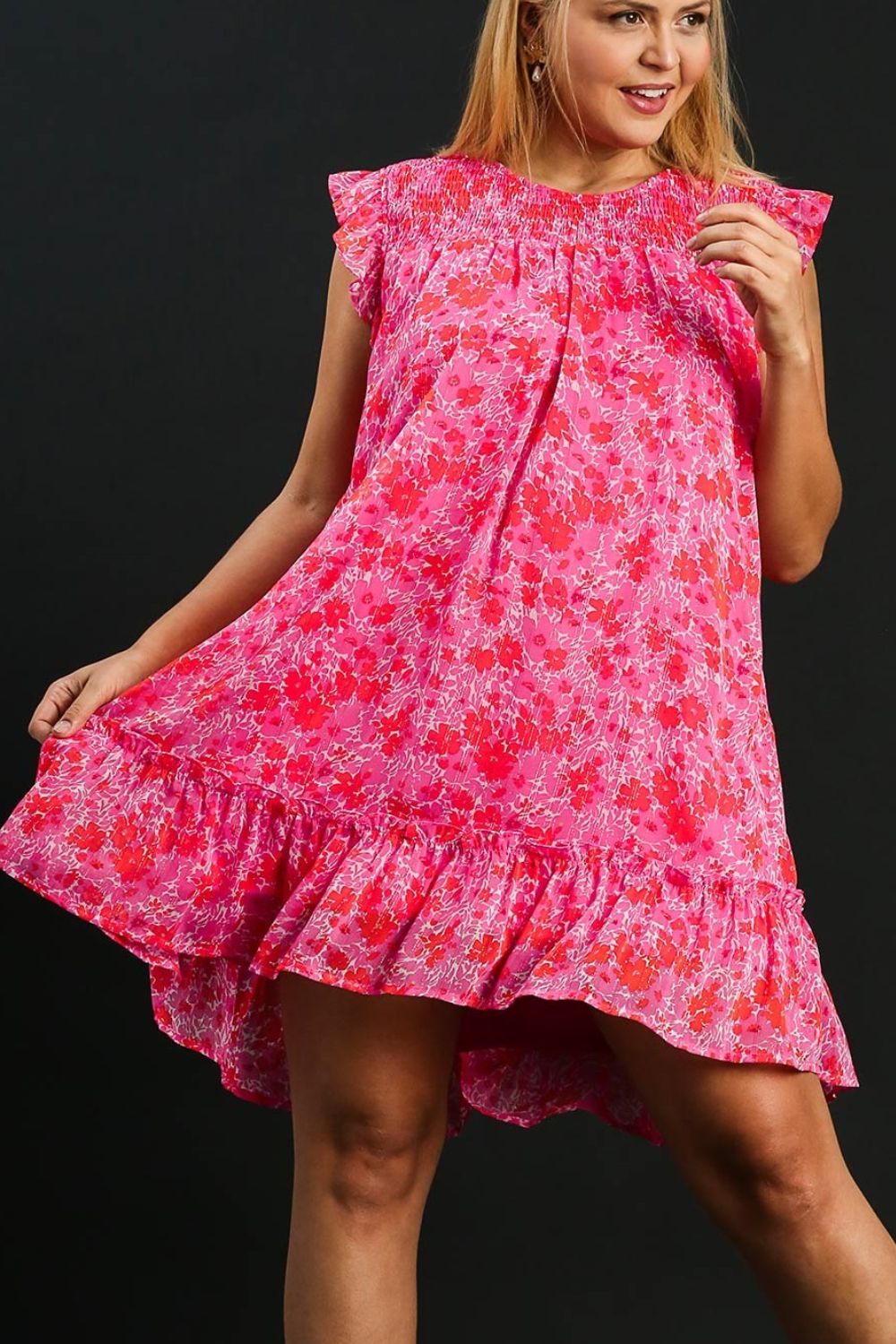 Umgee Ruffle Dress Smocked Hot Pink Floral Metallic Print Short Sleeve S-2XL 5dc60434-c542-4ce2-9ad1-6896080587ab-Max Trendsi
