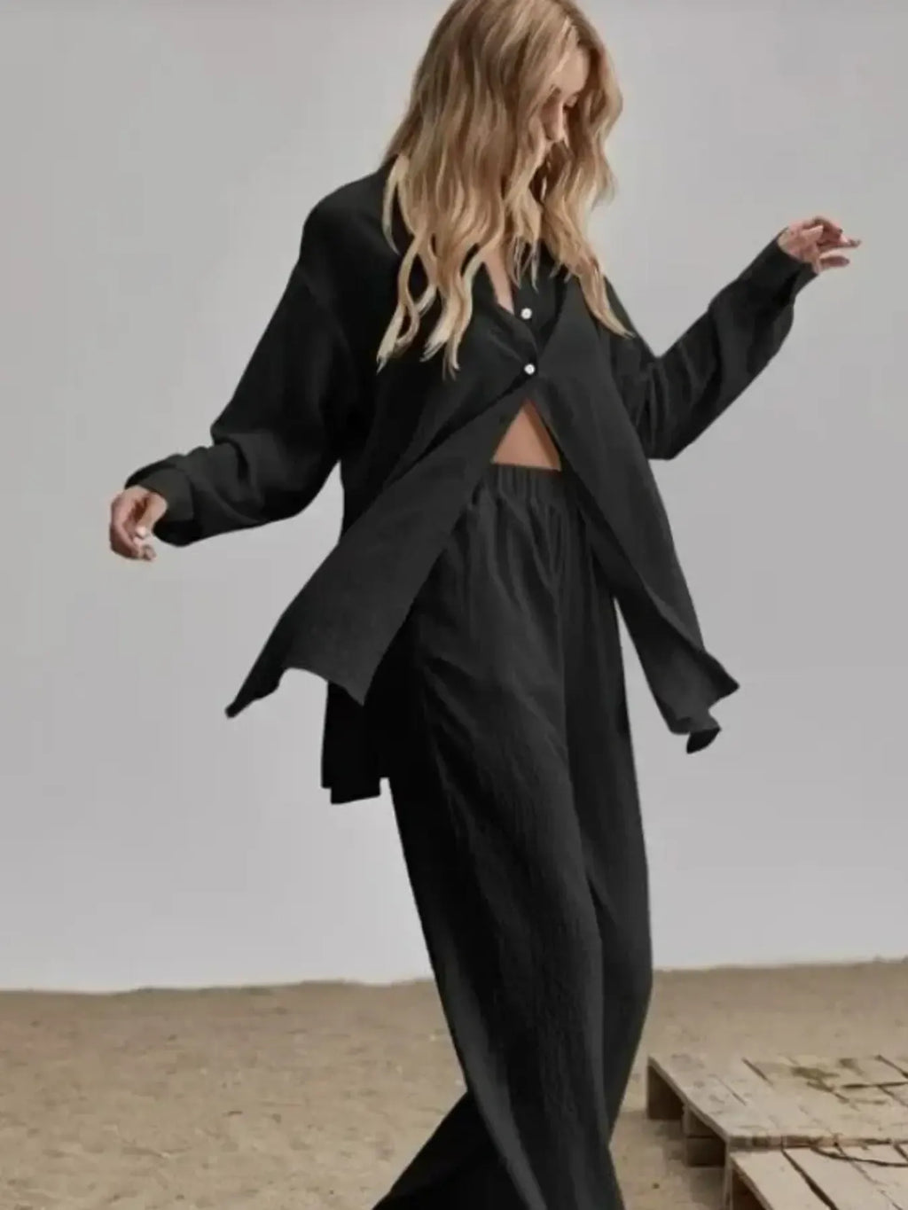 Women's Outfit Set Long Sleeve Shirt and Pants Set Pocketed Lightweight Two-piec Black 5dc86fea1c2f45efb3b9ef7248cb24a5-Max-Origin Trendsi