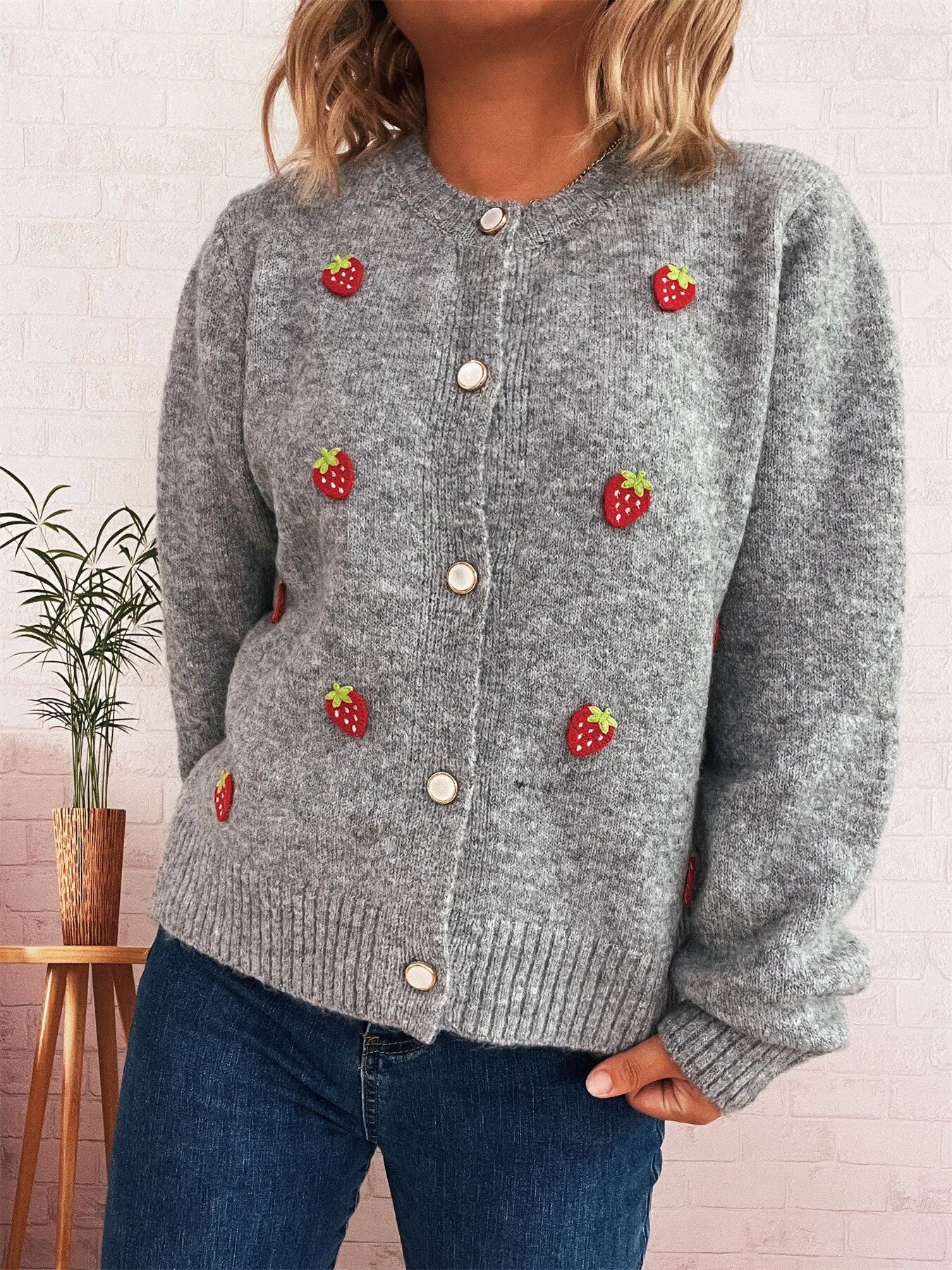 Women's Cardigan Strawberry Button Up Long Sleeve Soft Knit 5dd43a64f462445c8876681a08bdf283-Max-Origin Trendsi