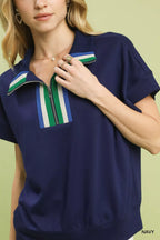 Umgee Blouse Navy Striped Collared Neck Half-Zip Top Short Sleeve 5dd5aee8-b586-4772-9c25-89dec9ddc60d-Max-Origin Trendsi