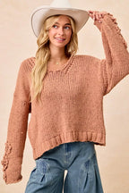 BiBi Womens Sweater Chunky Knit with Flower Detail Sleeves Peach 5dd877941d104198912da764e03dd8bf-Max-Origin Trendsi