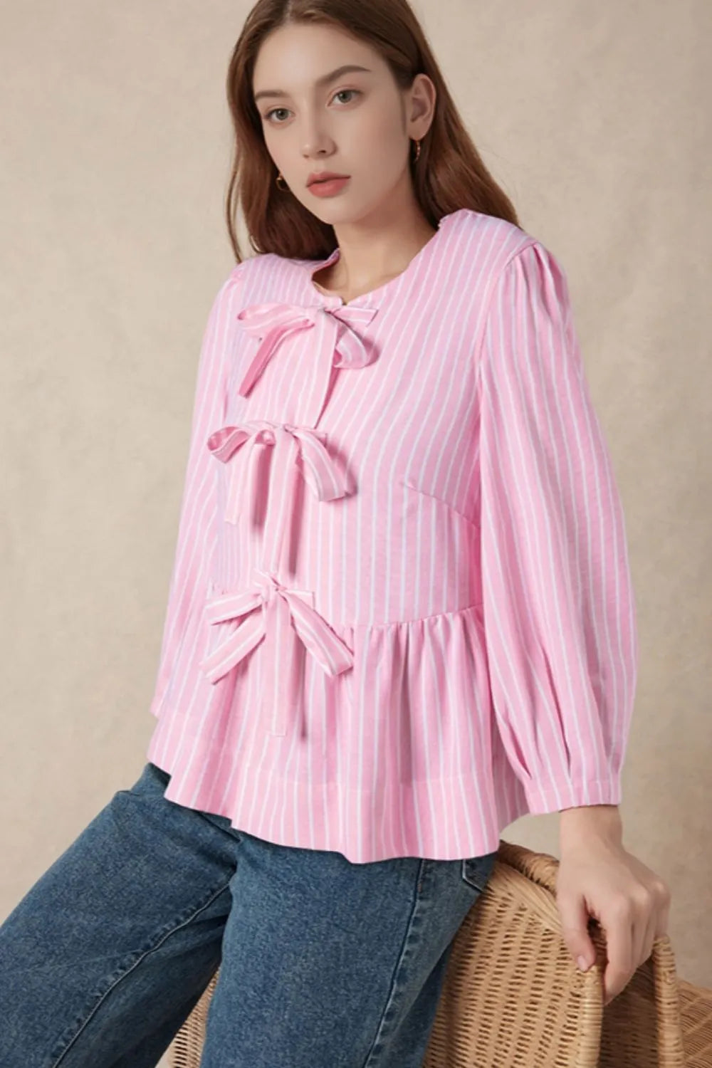 Women's Blouse Striped Blush Pink Bow Tie Front Peplum Long Sleeve Top Blush Pink 5ddef23a-e090-45ed-825a-025a9c1f0980-Max-Origin Trendsi