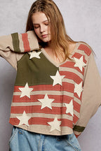 POL Womens T-Shirt Double Gauze American Flag Patch V-Neck Long Sleeve 5de3ad52-9323-4b74-a79a-c367f2792cd5-Max-Origin Trendsi