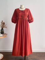 Plus Size Midi Dress with Tie Neck, Puff Sleeves, and Lace Trim