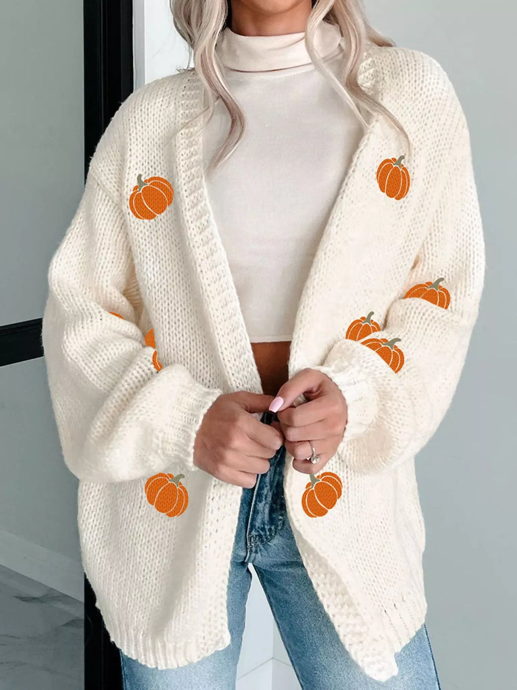 Women's Cardigan Cream Halloween Pumpkin Embroidered Knit Open Top 5de77c0d-83d9-466f-ac4d-99c0ca1d4120-Max-Origin Trendsi