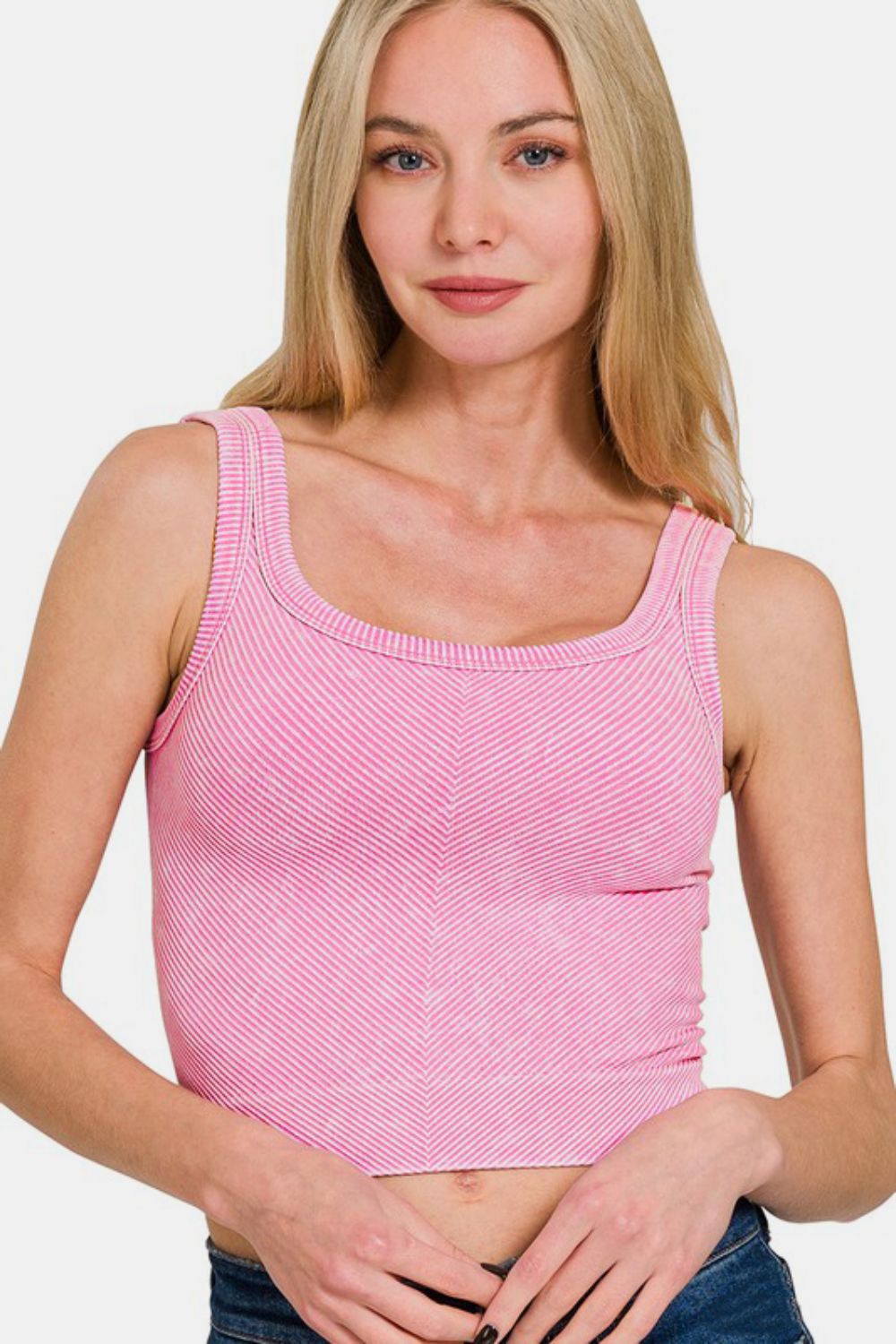 Zenana Tank Top Cropped Washed Ribbed Scoop Neck Wide Strap Candy Pink