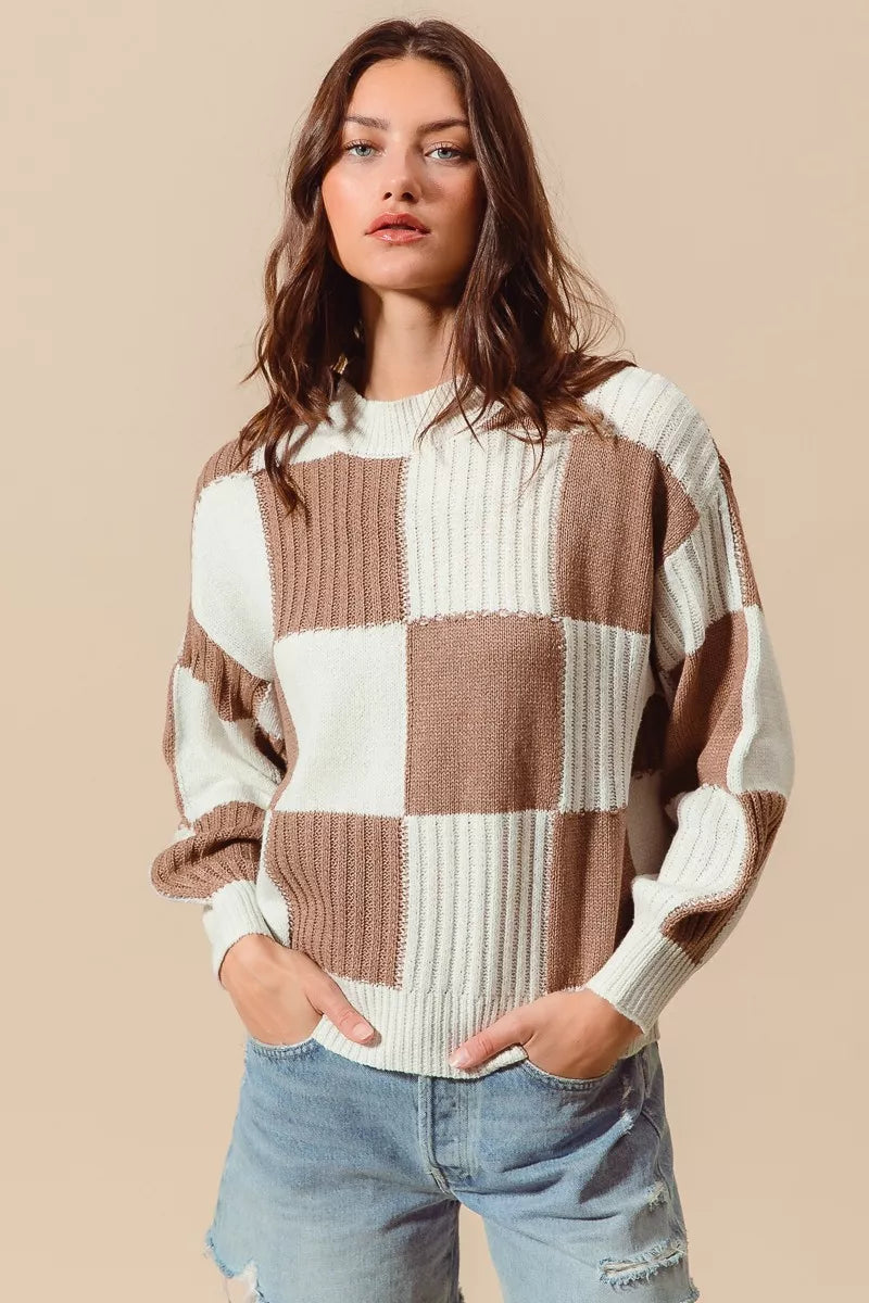 SO ME Ribbed Color Block Checkered Plaid Sweater 5df6ff7fc79e462fab14175150ea8d90-Max-Origin Trendsi