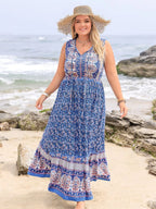 Plus Size Sleeveless Printed Maxi Dress with Tie Detail