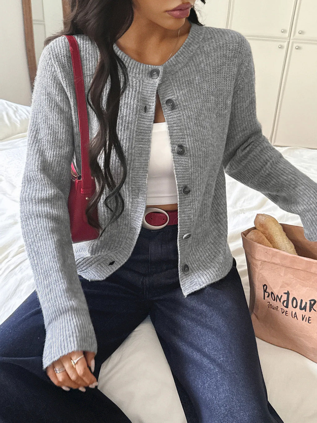 Women's Cardigan Gray Ribbed Knit Button-Up Round Neck 5dfe0e3aad664fb2a6af3f37d229c913-Max-Origin Trendsi