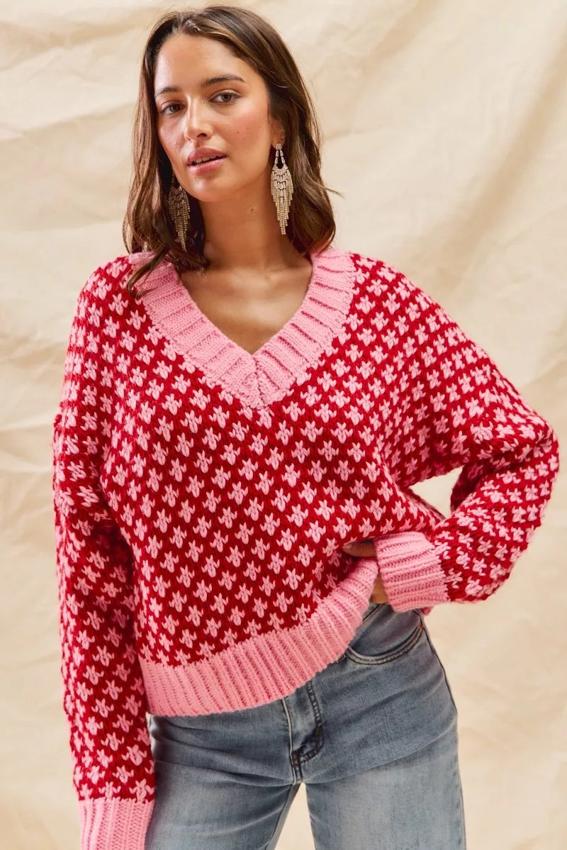 SO ME Christmas Women's Sweater Red Pink Color Block Textured V Neck Top 5e01fd329b524da8b0584740c211503f-Max-Origin Trendsi